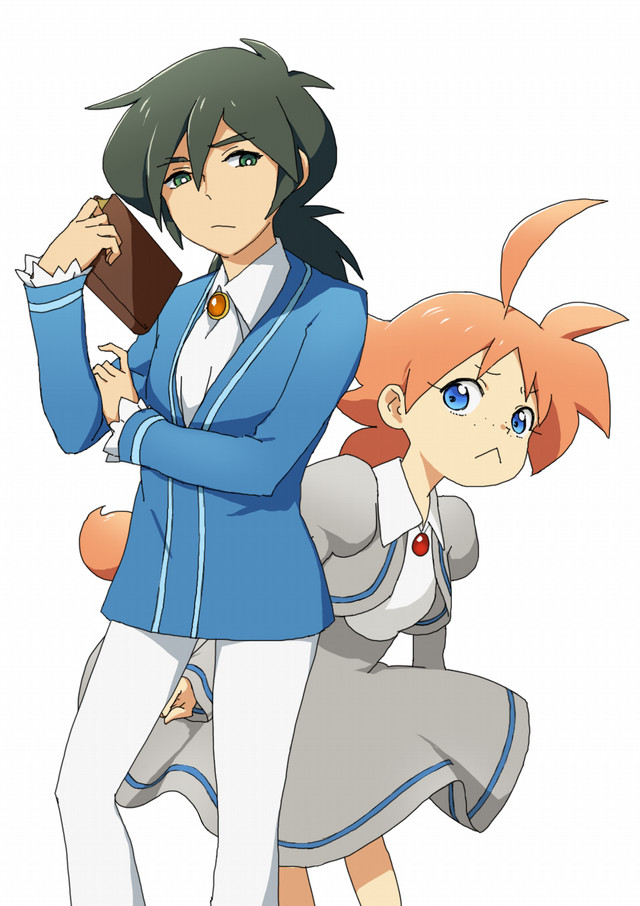1boy, 1girl, :<, :/, ahiru_(princess_tutu), ahoge, black_hair, book, child, closed_mouth, fakir_(princess_tutu), freckles, gold_crown_academy_school_uniform, height_difference, holding, holding_book, long_hair, low_ponytail, ponytail, princess_tutu, school_uniform, simple_background, spiky_hair, triangle_mouth, white_background