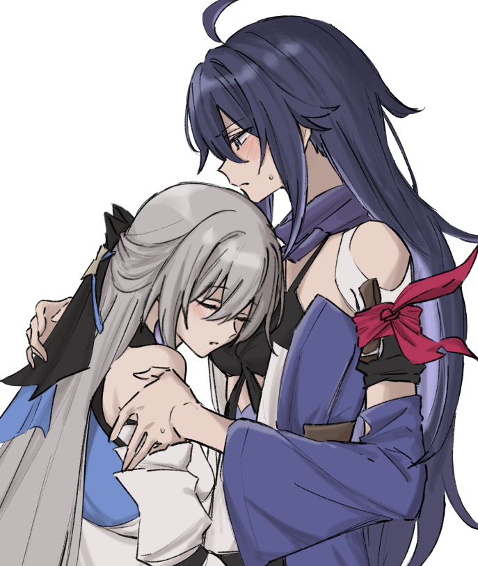 2girls, ahoge, bare_shoulders, black_ribbon, blush, bronya_rand, closed_eyes, closed_mouth