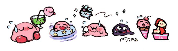 cherry, drinking_straw, flying, flying_sweatdrops, food, fruit, gooey_(kirby), green_liquid