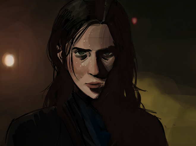 1girl, alan_wake, alan_wake_(game), bags_under_eyes, black_hair, black_shirt, blue_eyes, blurry