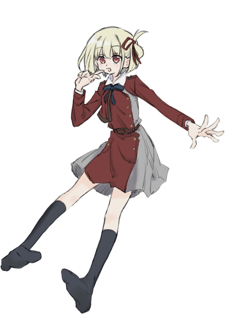 1girl, black_socks, blonde_hair, blue_ribbon, commentary, dress, full_body, hair_ribbon