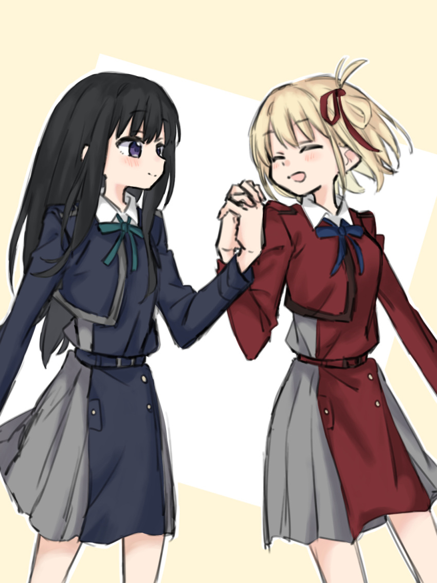 2girls, black_hair, blonde_hair, blue_dress, blue_ribbon, blush, closed_mouth, collared_dress