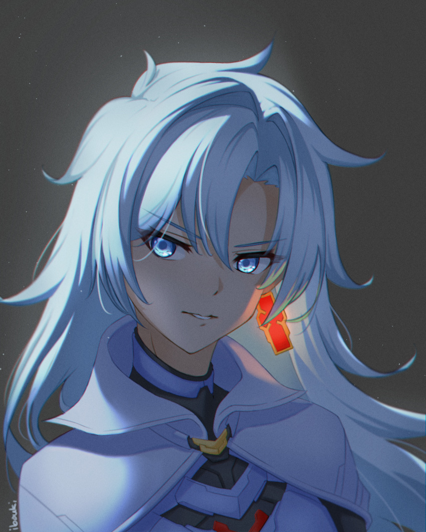 1girl, a_(xenoblade), absurdres, asymmetrical_bangs, black_background, blue_eyes, commentary_request, core_crystal_(xenoblade), earrings, glowing, glowing_earrings, grey_hair, highres, ibouki, jewelry, long_hair, loose_hair_strand, parted_lips, solo, upper_body, xenoblade_chronicles_(series), xenoblade_chronicles_3, xenoblade_chronicles_3:_future_redeemed