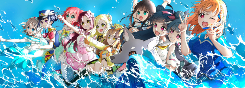 6+girls, ;d, absurdres, aoiao, aqua_eyes, black_capelet, black_hair, blonde_hair