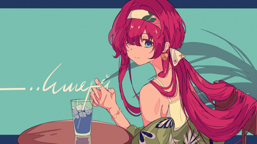 1girl, absurdres, aqua_background, bare_shoulders, blue_eyes, capelet, cup, dress
