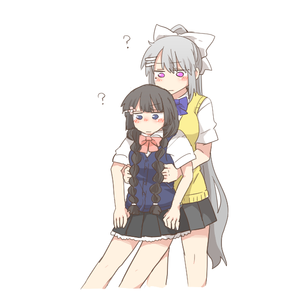 2girls, ?, black_skirt, blue_eyes, blush_stickers, bow, braid, cardigan_vest