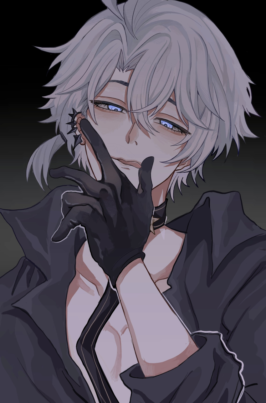 1boy, absurdres, black_choker, black_gloves, black_shirt, blue_eyes, choker, collared_shirt