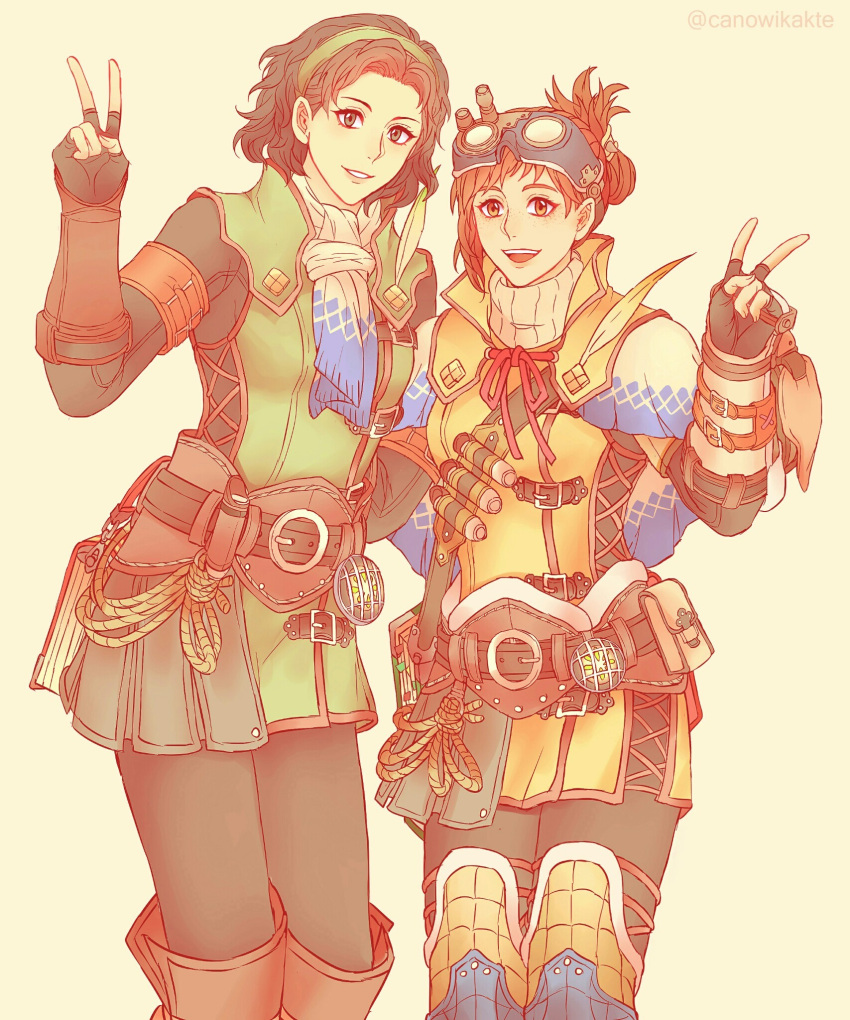 2girls, artist_name, ascot, black_gloves, black_hair, brown_eyes, brown_hair, canowikakte, fingerless_gloves, folded_ponytail, gloves, green_hairband, hairband, handler_(monster_hunter_world), highres, monster_hunter:_world, monster_hunter_(series), multiple_girls, popped_collar, serious_handler, simple_background, smile, v