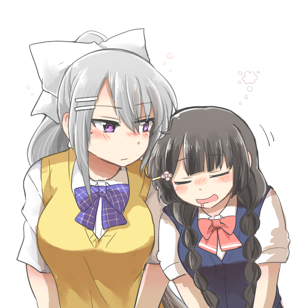 2girls, :d, blush_stickers, bow, breasts, cardigan_vest, closed_eyes, closed_mouth