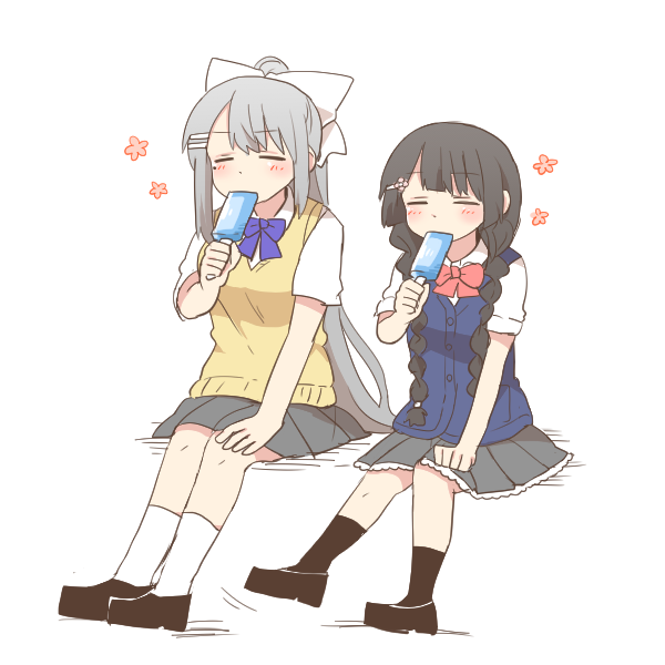 2girls, black_hair, black_shoes, black_socks, blush_stickers, bow, braid, cardigan_vest