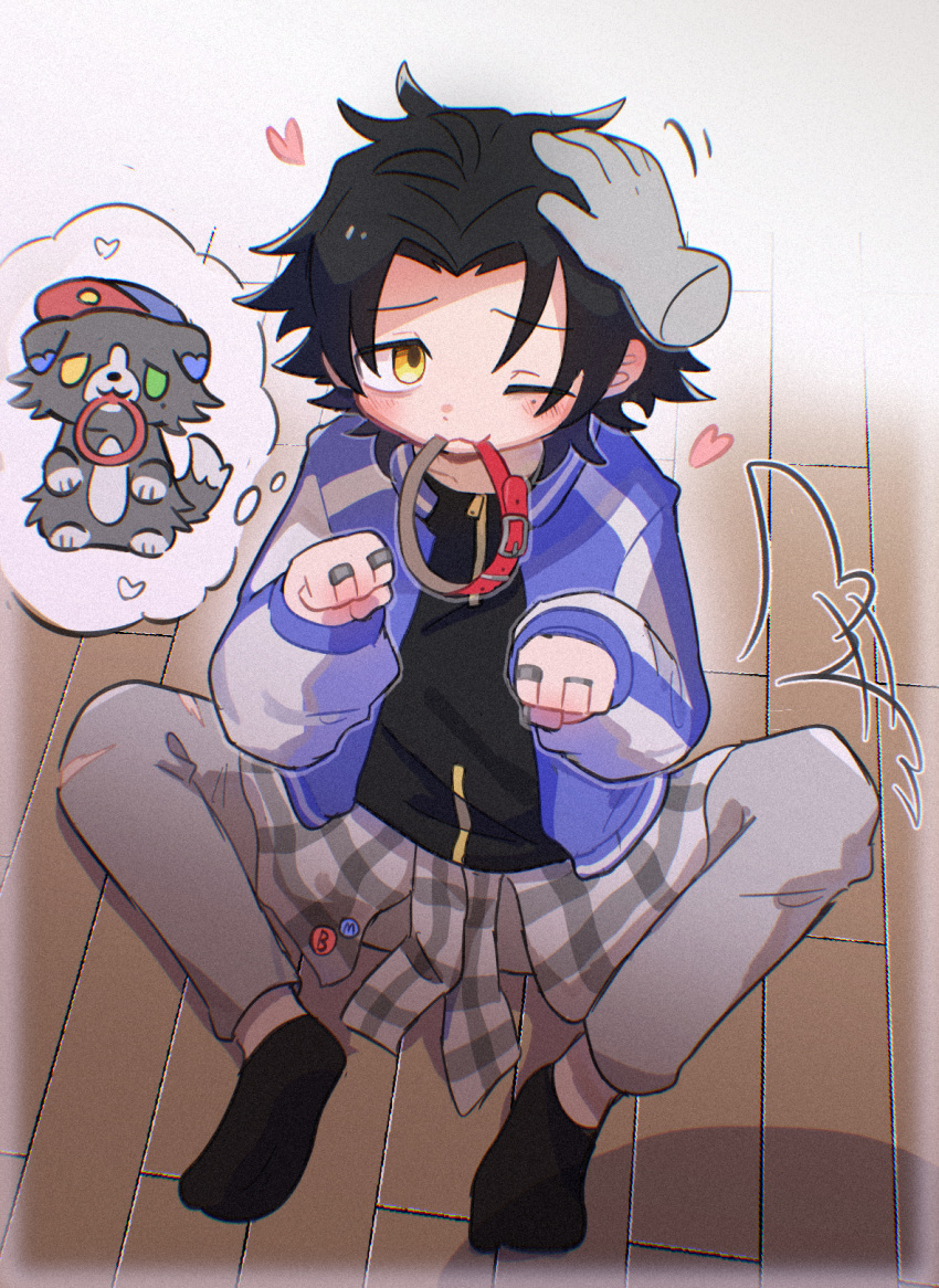 1boy, :3, animalization, ankle_socks, badge, bags_under_eyes, baseball_cap, black_hair