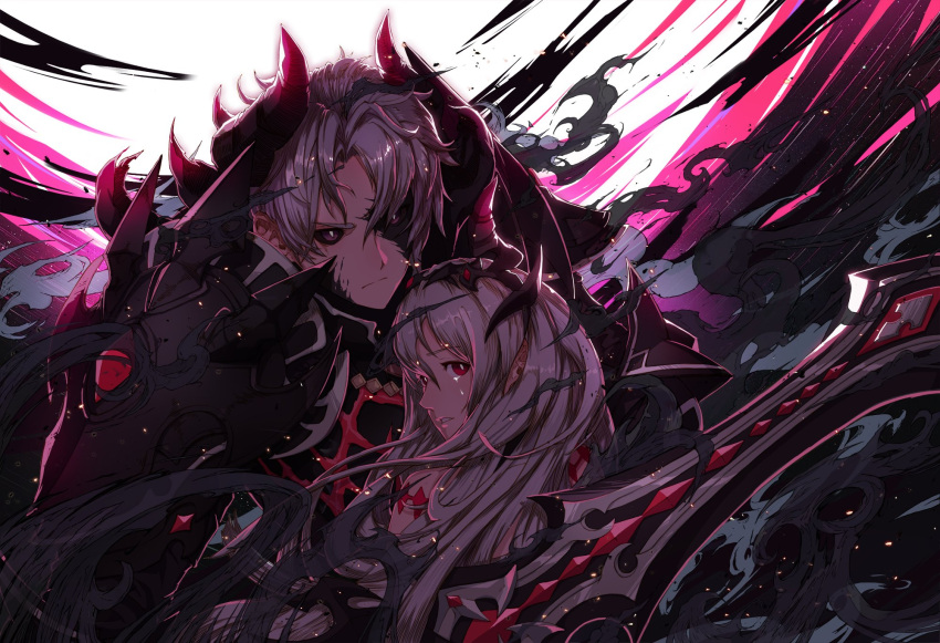 1boy, 1girl, armor, artist_request, black_armor, black_sclera, colored_sclera, commentary_request
