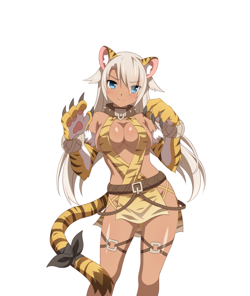1girl, animal_ears, animal_hands, blue_eyes, claws, evil_smile, grey_hair, highres