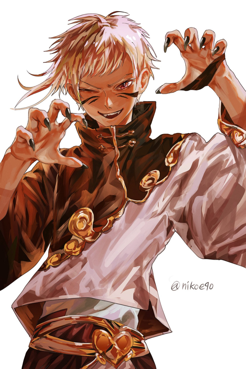 1boy, alternate_costume, black_nails, bungou_stray_dogs, claw_pose, facial_tattoo, fangs, fingernails