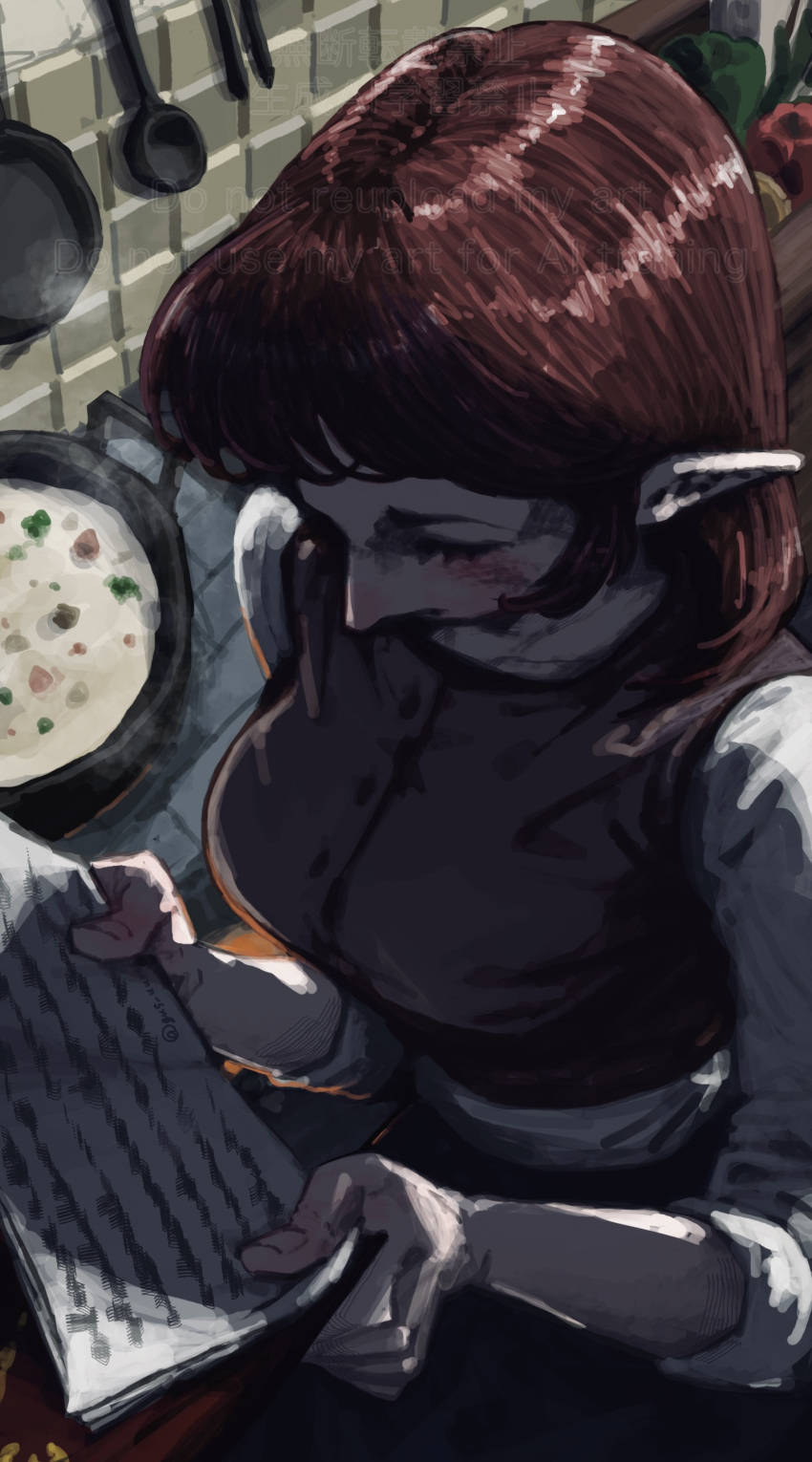 1girl, absurdres, anju_(zelda), breasts, brown_vest, commentary_request, from_above, gus_uur, highres, kitchen, large_breasts, pointy_ears, reading, red_hair, shirt, short_hair, solo, the_legend_of_zelda, the_legend_of_zelda:_majora's_mask, vest, white_shirt