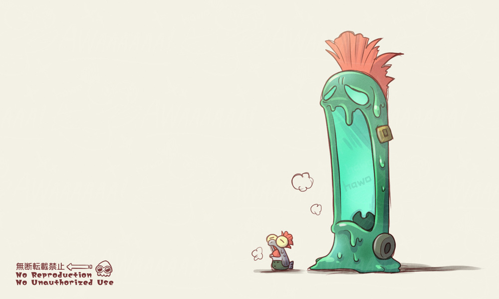 artist_name, closed_eyes, commentary_request, grey_background, mohawk, mudmouth_(splatoon), no_humans, open_mouth