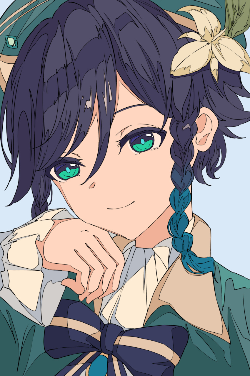 1boy, absurdres, black_bow, black_bowtie, black_hair, blue_background, blue_hair, bow