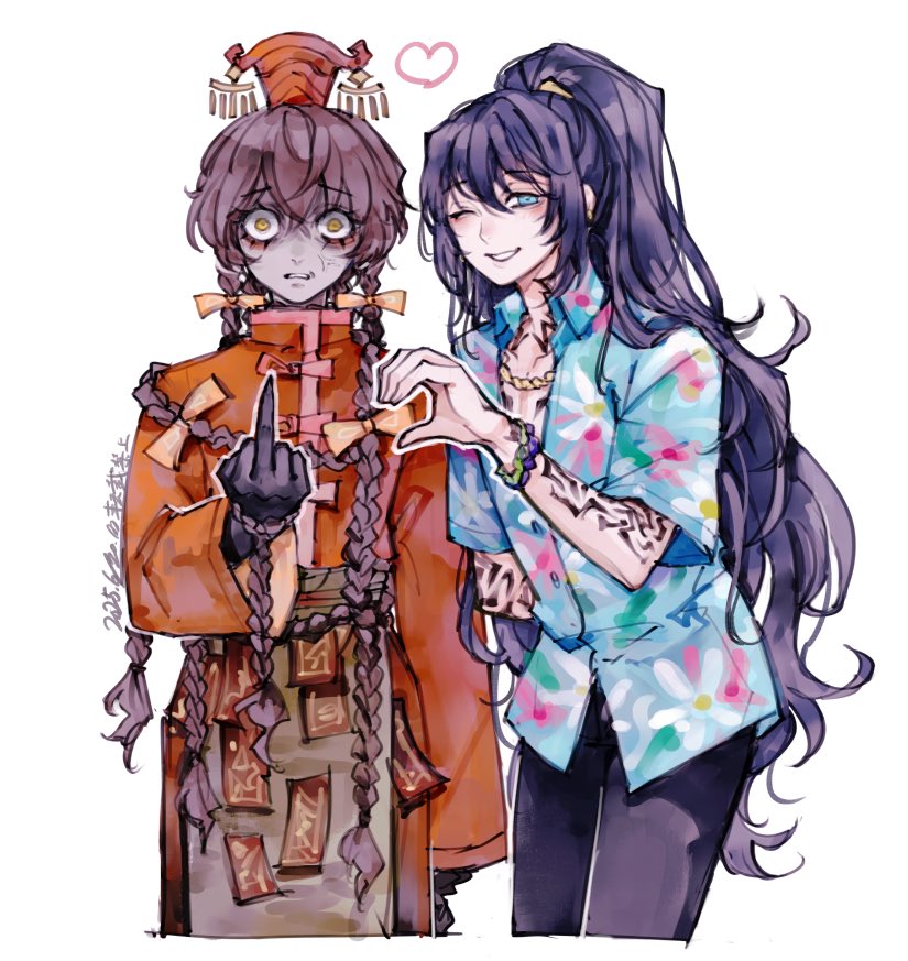 2boys, anger_vein, arm_tattoo, black_hair, black_pants, blue_eyes, braid, brown_hair, chinese_clothes, commentary_request, constricted_pupils, cropped_legs, dated, guan_hat, hawaiian_shirt, heart_hands_failure, hong_lu_(project_moon), limbus_company, long_hair, male_focus, mian_guan, middle_finger, mmm_unicorn, multiple_boys, multiple_braids, pants, ponytail, project_moon, shirt, tattoo, tingtang_gang_(identity)_(project_moon), very_long_hair, wide-eyed, xue_pan_(project_moon), yellow_eyes
