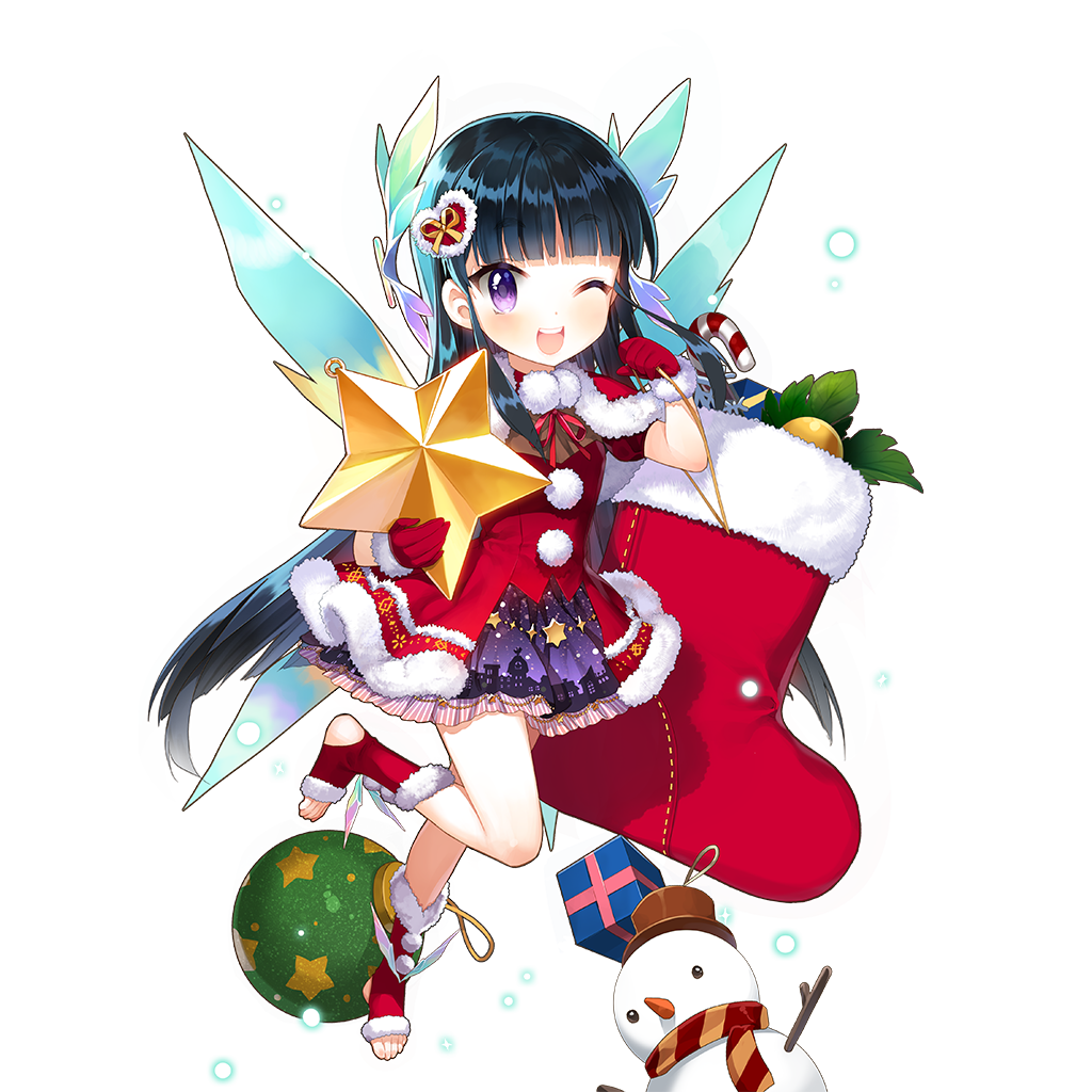 1girl, anna_(uchi_no_hime-sama_ga_ichiban_kawaii), bare_legs, black_hair, blunt_bangs, box, dress, gift, gift_box, long_hair, one_eye_closed, open_mouth, red_socks, salt_(salty), santa_costume, santa_dress, snowman, socks, uchi_no_hime-sama_ga_ichiban_kawaii, very_long_hair, violet_eyes, wings