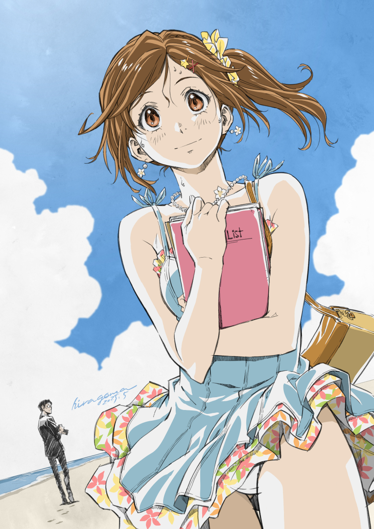 1boy, 1girl, ass_visible_through_thighs, bag, beach, blush, breasts, brown_eyes