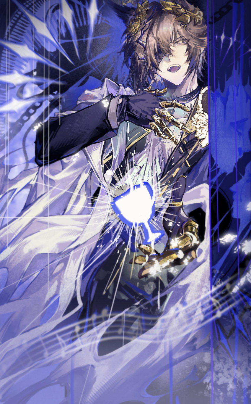 1boy, absurdres, ancient_greek_clothes, animal_ears, arknights, ascot, beckoning, black_background