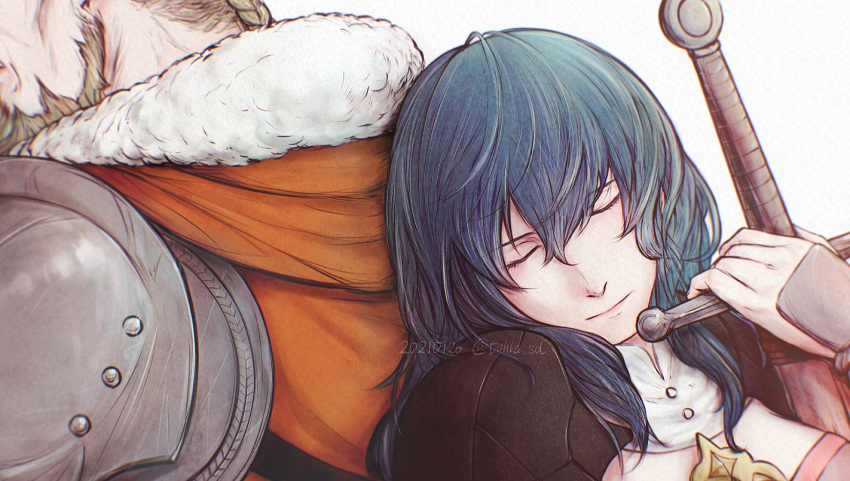 1boy, 1girl, armor, artist_name, back-to-back, blonde_hair, closed_eyes, commentary_request