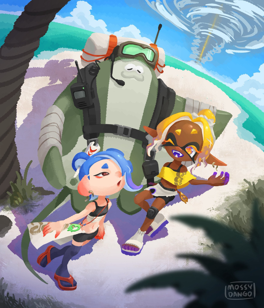 2girls, big_man_(splatoon), big_man_(splatoon_raiders), bike_shorts, black_shorts, blue_hair, blue_sky, blurry