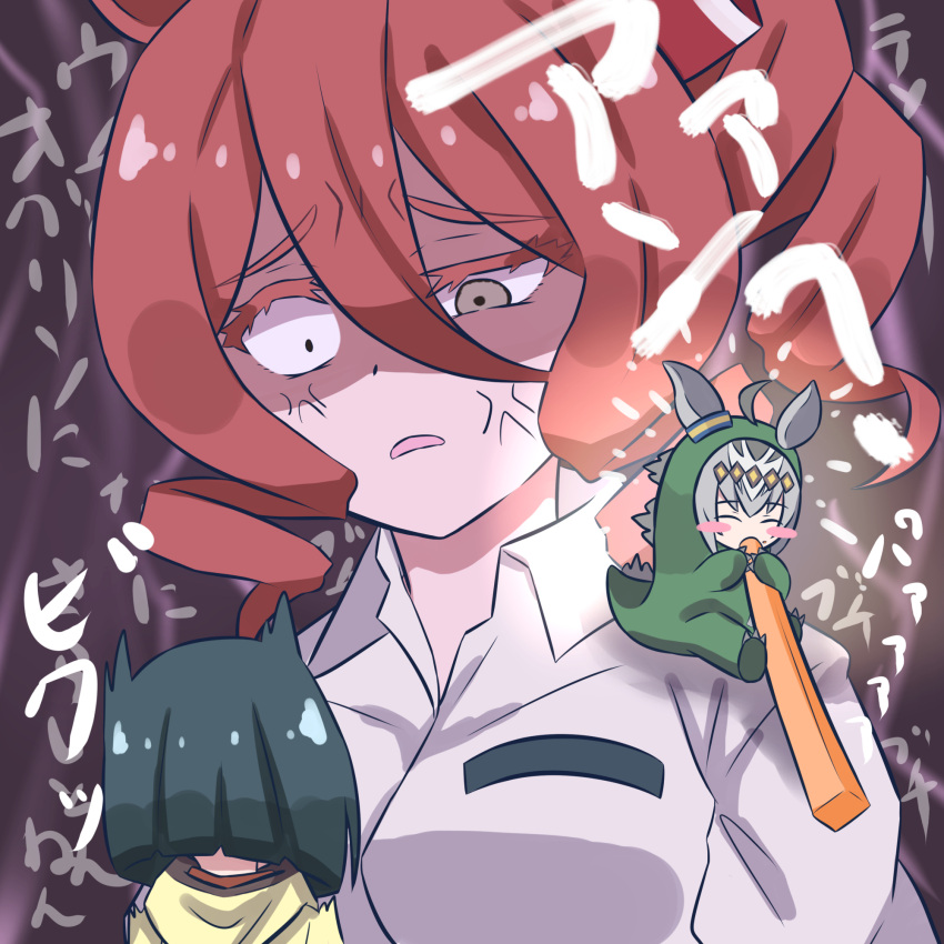 3girls, anger_vein, angry, black_hair, blunt_ends, bob_cut, brown_hair, carrying