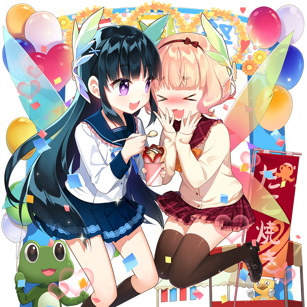 2girls, anna_(uchi_no_hime-sama_ga_ichiban_kawaii), balloon, black_hair, black_socks, black_thighhighs, blunt_bangs, kanna_(uchihime), loafers, long_hair, multiple_girls, open_mouth, pink_hair, piyokichi_(uchihime), salt_(salty), school_uniform, shoes, short_hair, socks, thigh-highs, uchi_no_hime-sama_ga_ichiban_kawaii, very_long_hair, violet_eyes, wings