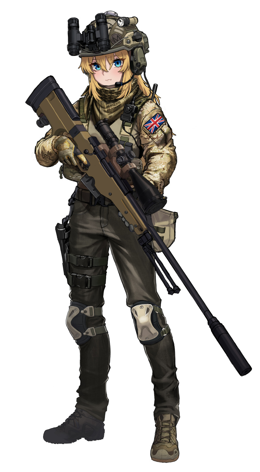 1girl, absurdres, accuracy_international, ai_arctic_warfare, ammunition_pouch, bipod, blonde_hair, blue_eyes