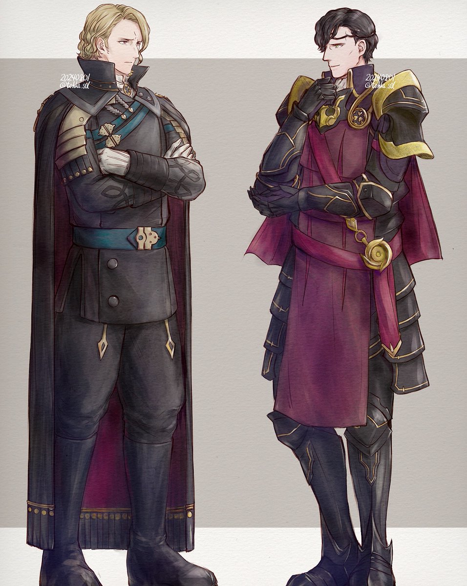 2boys, alternate_costume, armor, armored_gloves, black_boots, black_cape, black_gloves, boots