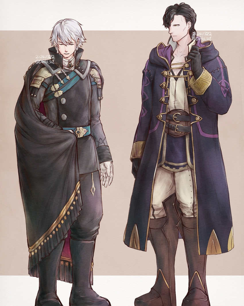 2boys, alternate_costume, black_boots, black_cape, black_gloves, black_hair, black_pants, black_robe