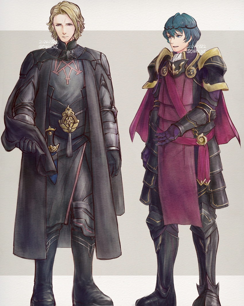 2boys, alternate_costume, armor, black_armor, black_boots, black_cape, black_gloves, blonde_hair