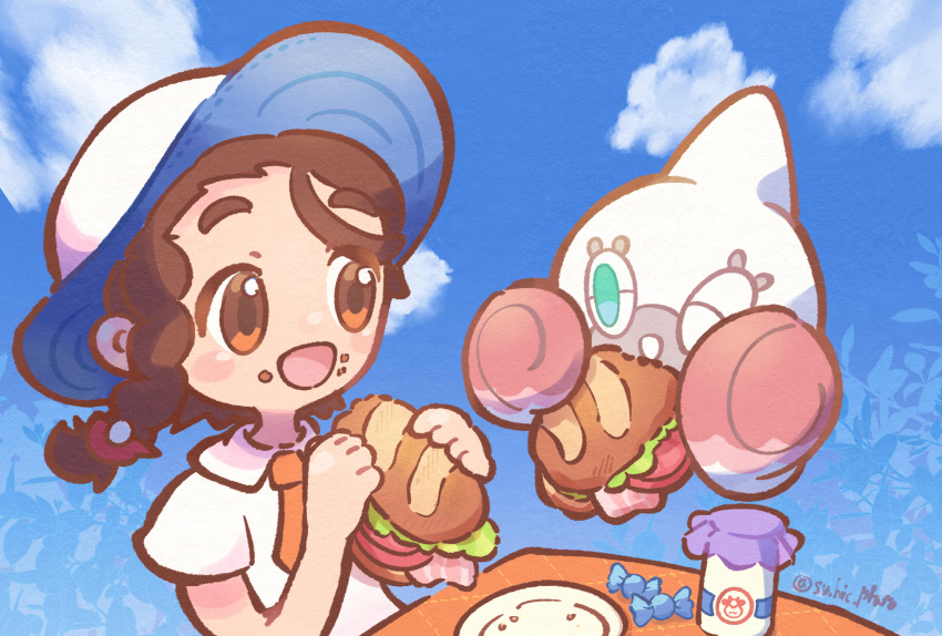 1girl, :d, ;d, aqua_eyes, blue_sky, blush, blush_stickers, bottle