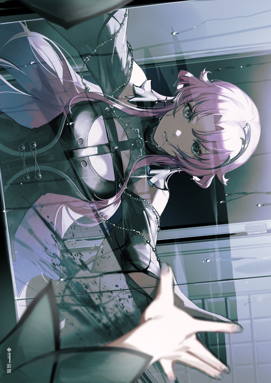 1girl, bema_(sinsekai), bokyo, character_name, commentary_request, condensation, copyright_name, earrings, flower_earrings, grey_eyes, hair_ornament, hand_on_mirror, highres, indoors, jewelry, kamitsubaki_studio, long_hair, looking_at_mirror, looking_at_viewer, mirror, official_art, parted_bangs, parted_lips, pink_hair, second-party_source, sideways, sinsekai_studio, solo, upper_body, virtual_youtuber, water_drop, window_fog