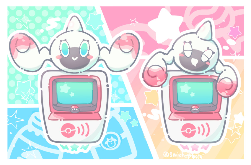 :>, aqua_eyes, blush, blush_stickers, border, closed_mouth, commentary_request, computer