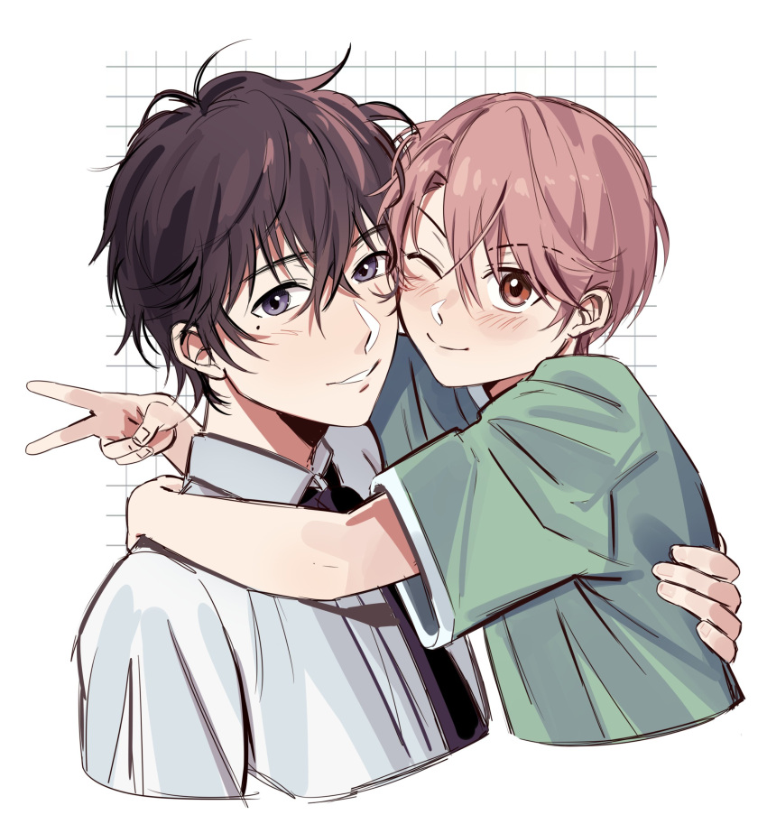 2boys, absurdres, age_difference, blush, brown_eyes, brown_hair, child, highres, mole, mole_under_eye, multiple_boys, onii-shota, pale_skin, short_hair, shota_oni, smile, uneasywolf
