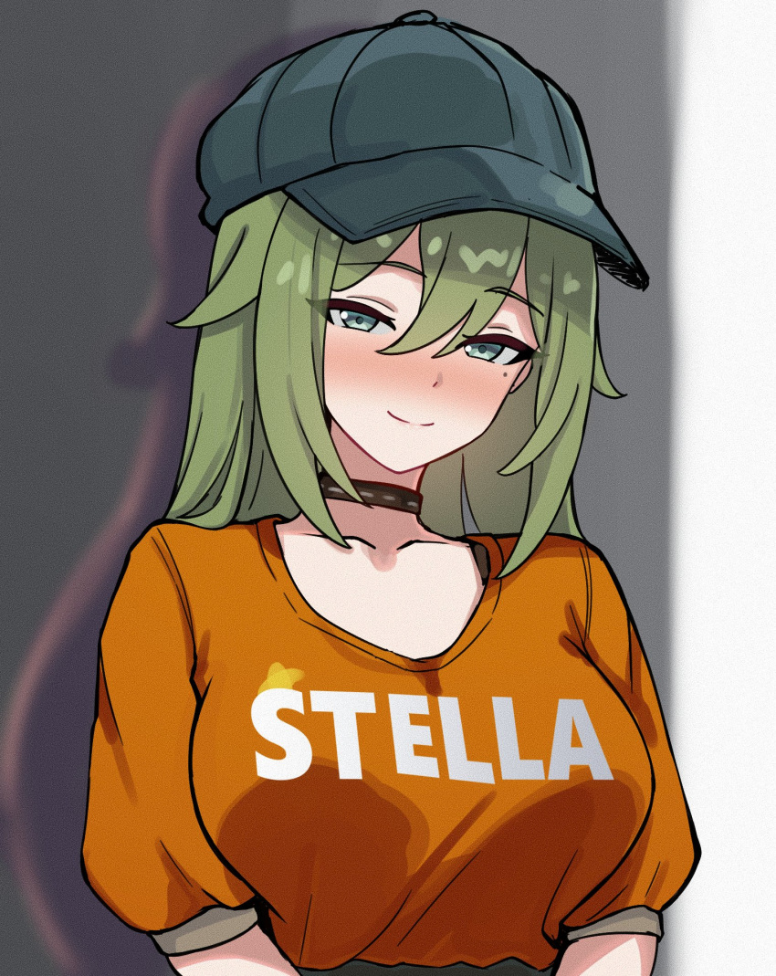 1girl, black_choker, blush, choker, clothes_writing, green_eyes, green_hair, hat