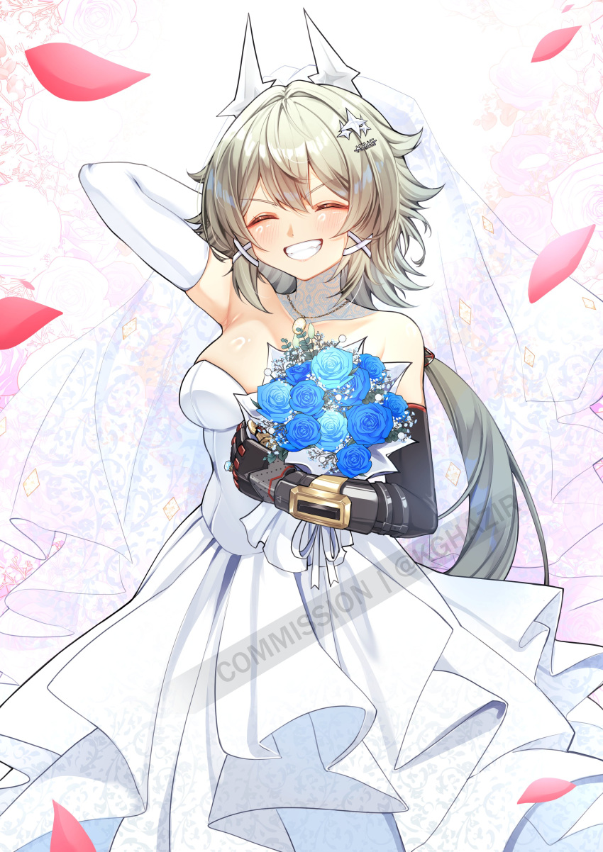 1girl, ^_^, absurdres, blue_flower, bouquet, bridal_veil, bride, brown_hair