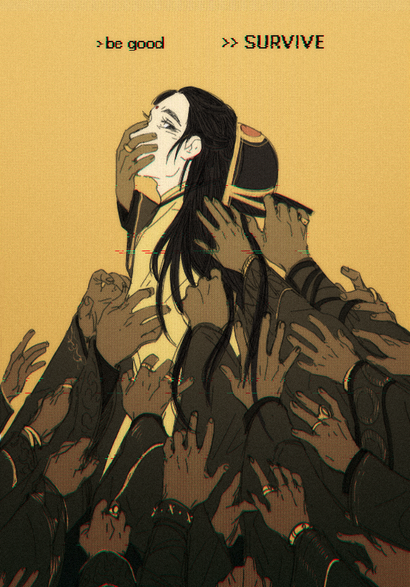 1boy, black_eyes, black_hair, chinese_clothes, covering_another's_mouth, english_text, facial_mark, forehead_mark