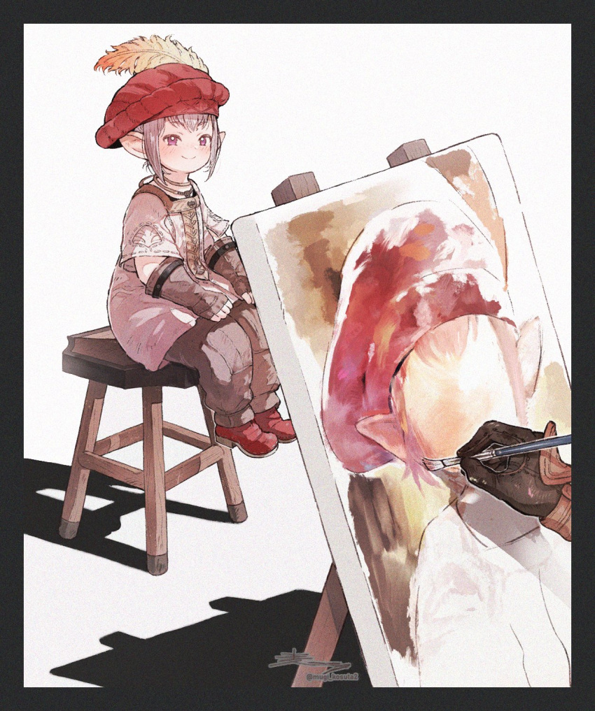 1girl, beret, black_border, black_gloves, blush, border, brown_gloves, brown_pants