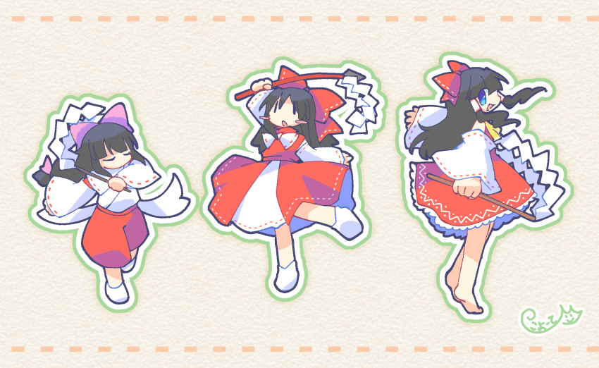 1girl, barefoot, black_hair, blue_eyes, blush_stickers, bow, detached_sleeves, gohei, hair_bow, hair_tubes, hakurei_reimu, highres, holding, holding_gohei, multiple_views, nontraditional_miko, pants, pink_hair, red_pants, touhou, yuzuhamaru