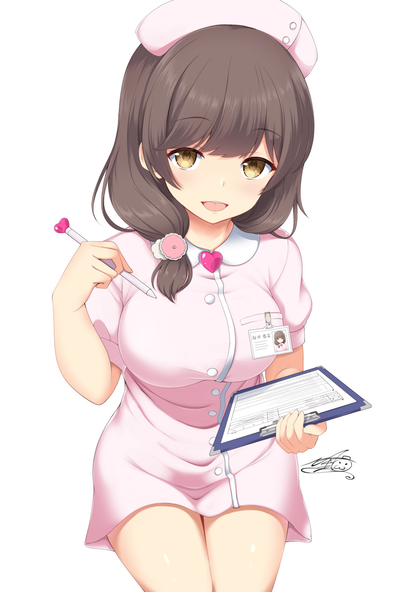 1girl, absurdres, argentum_2o, blush, breasts, brown_eyes, brown_hair, dress