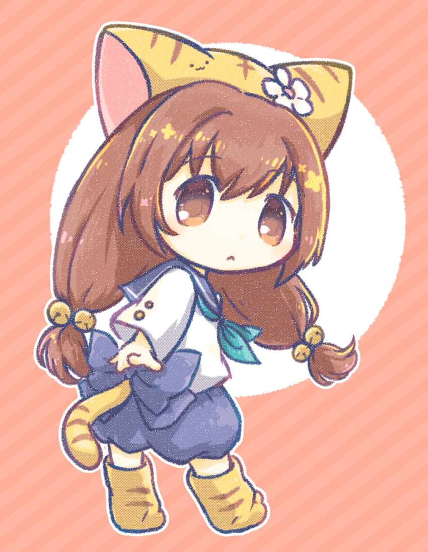 1girl, animal_hat, bell, blue_neckerchief, brown_eyes, brown_hair, cat_hat, cat_tail