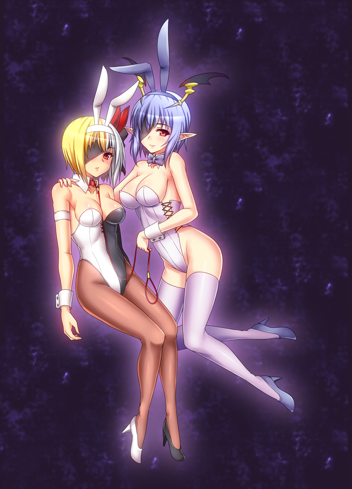 animal_ears, bare_shoulders, blonde_hair, blue_hair, blush, bowtie, breasts, bunny_ears