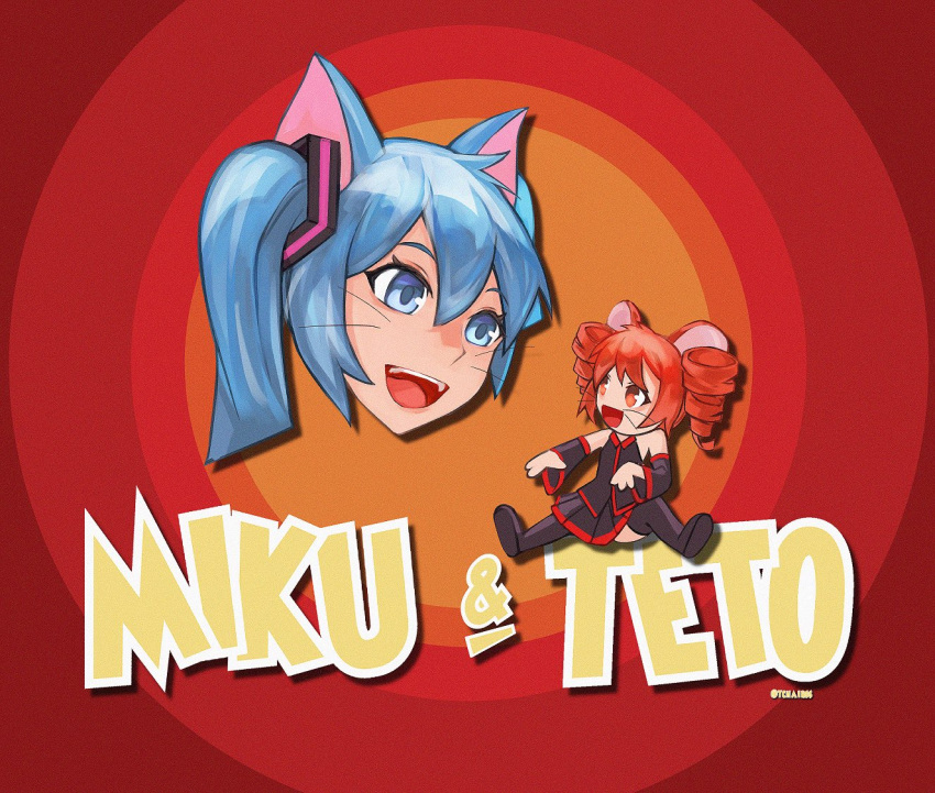 2girls, animal_ears, black_boots, black_skirt, blue_eyes, blue_hair, boots, cat_ears