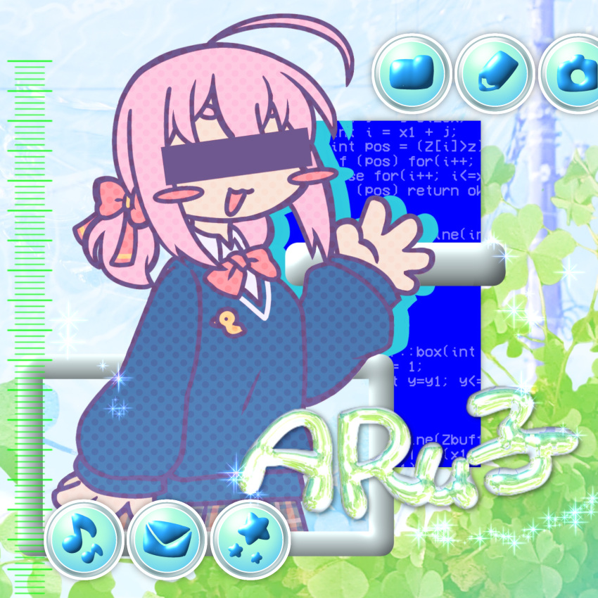 1girl, ahoge, aruko_okara, blue_screen_of_death, blush_stickers, censored, censored_identity, character_name