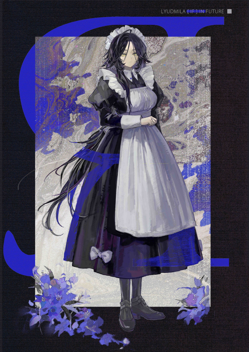 1girl, absurdres, alternate_costume, apron, ar-18_(girls'_frontline), black_background, black_dress, black_hair, black_shoes, bow, commentary, cui_pi_zha_xia_qiu, dress, dress_bow, english_commentary, english_text, enmaided, flower, full_body, girls_frontline, grey_background, highres, long_hair, looking_at_viewer, maid, maid_headdress, purple_background, purple_flower, shoes, solo, white_apron, white_headdress