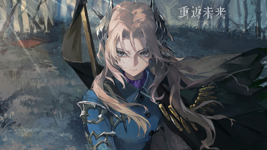 1girl, black_cape, blue_jacket, cape, closed_mouth, copyright_name, grass, grey_eyes