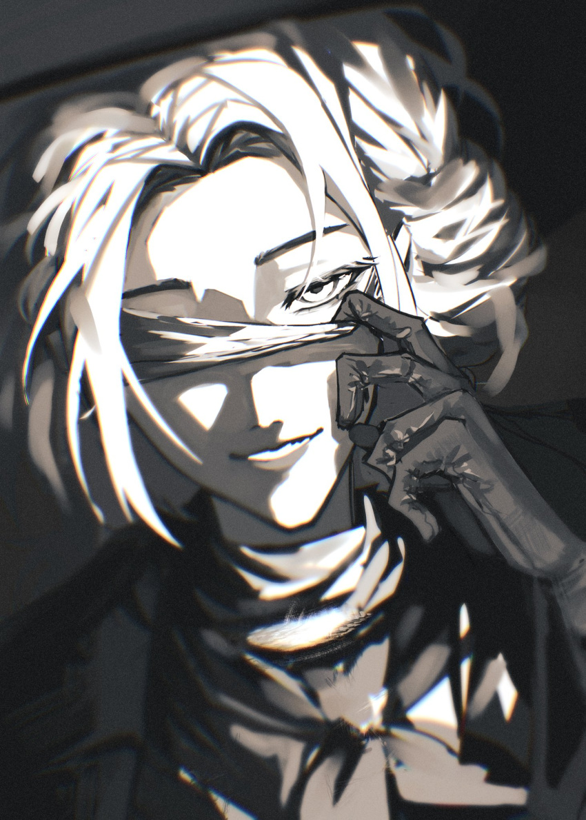 1girl, bessmert_(reverse:1999), blindfold_pull, coat, dark_background, gloves, greyscale, grin
